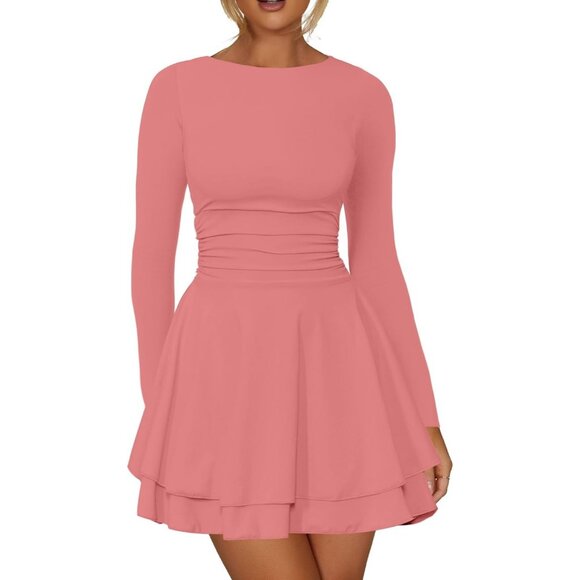 Dresses & Skirts - Women's Pink Crew Neck Corset Mini Dress Long Sleeve Ruffle Hem Party Club Wear